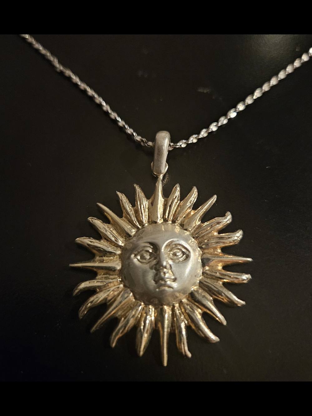 Vintage 925 Sterling Silver Sunface Pendant Necklace Celestial Sun 1.5”